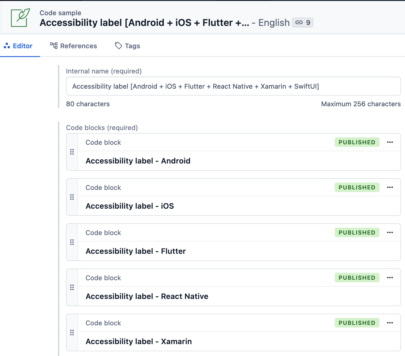 Het codevoorbeeld met de naam 'Accessibility label' bestaat uit vijf codeblokken in onze Contentful-editor